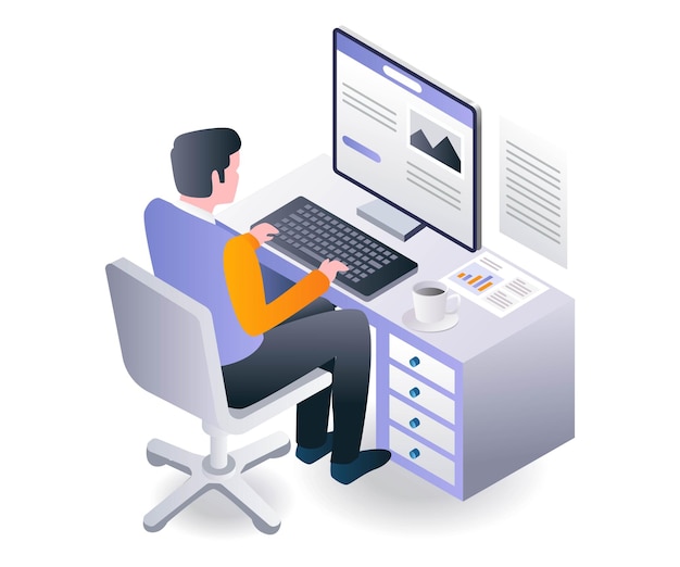 Flat isometric illustration concept man working on computer