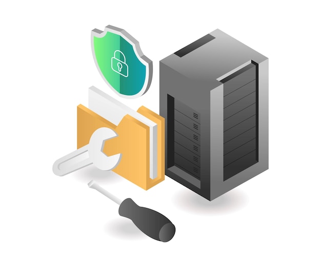 flat isometric illustration concept server data recovery and maintenance
