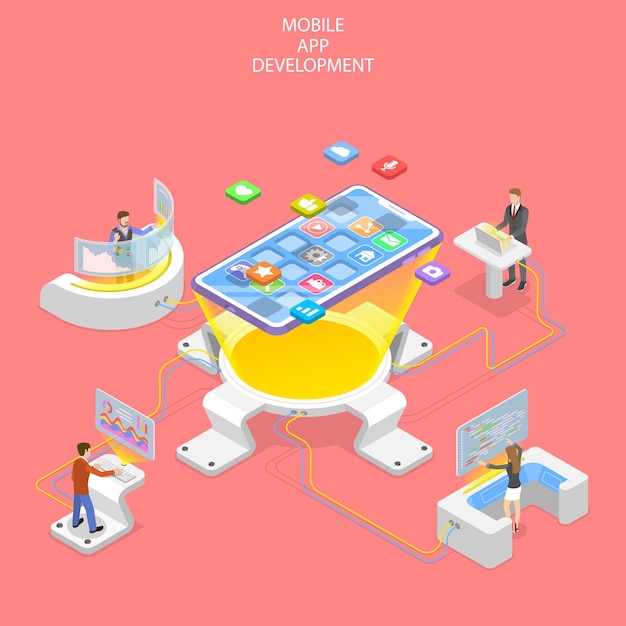 Flat isometric vector concept of mobile app development programming coding software