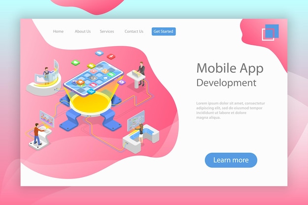 Flat isometric vector landing page template of mobile app development programming coding software