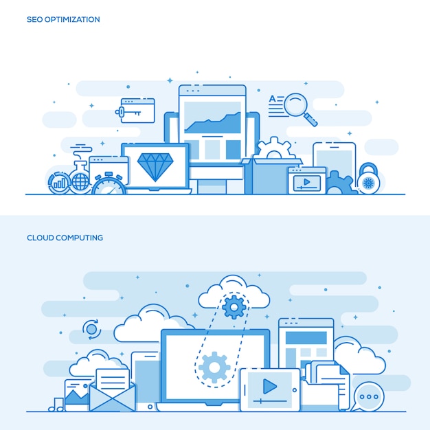 flat line color concept- seo and cloud computing