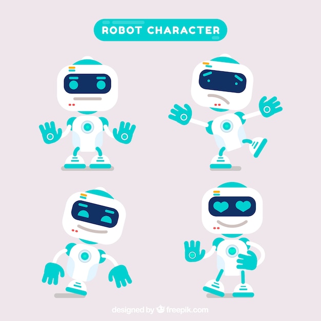 Flat robot character with different poses collection