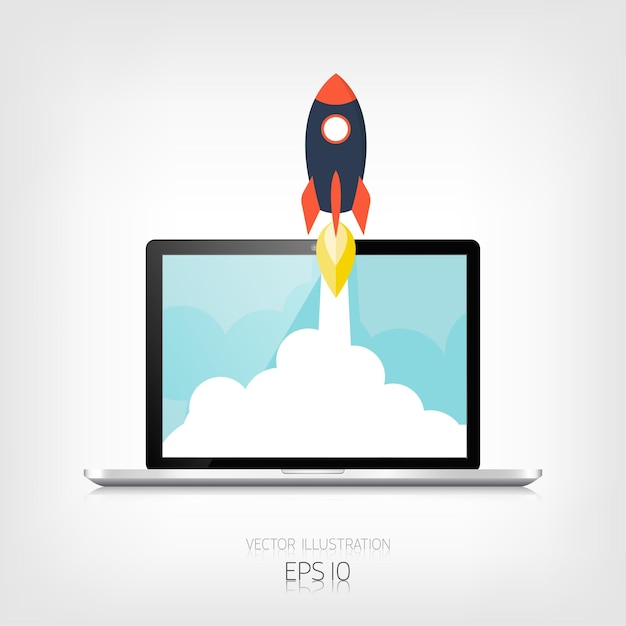 Flat rocket icon Startup concept Project development Realistic laptop