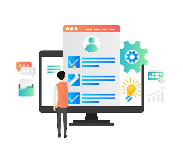 flat style illustration of a man analyzing content seo data