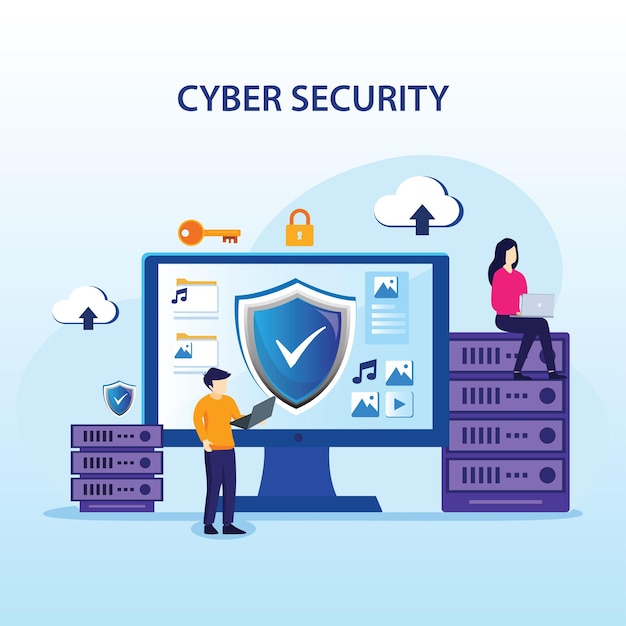 flat vector design concept of Cyber security with characters check access protecting data