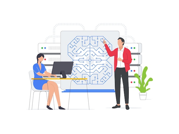 Flat vector illustration of business team developing artificial intelligence and machine learning Design teams utilize AI to train ML systems