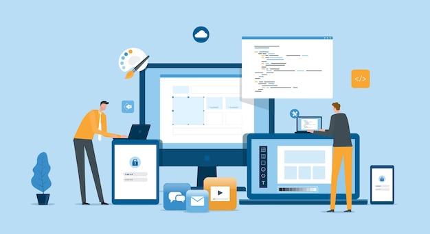 flat vector mobile application design and web design work process concept