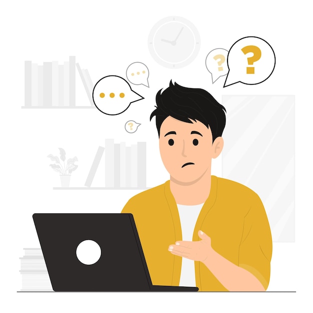 Flat vector people working shrugging doubt asking questions flat illustration