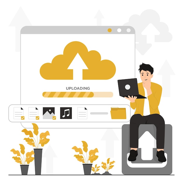 Flat vector upload data paper music into cloud storage content manager upload data