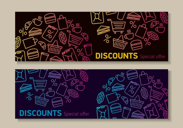 Flayer template for shop discounts announcement with linear icons of different goods