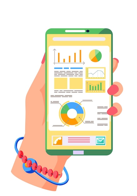 Flip chart with dynamics of chart changes graph and diagram with captions Analytical phone screen in female hands Smartphone with picture of data analysis application Business presentation concept