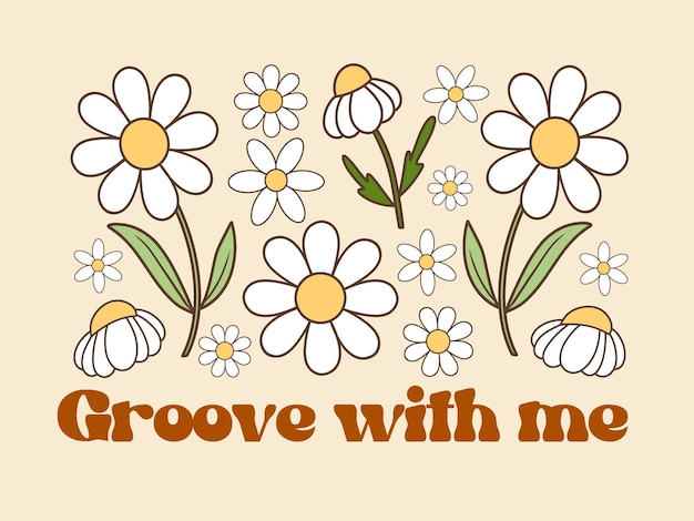 Floral composition of groovy daisy flowers hippie concept