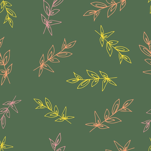 Floral seamless pattern in line art style  Abstract botanical print of flowers leaves twigs