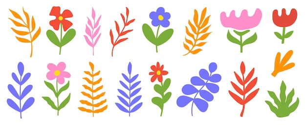 Floral set of abstract organic shapes on a white background Cute hippie groovy flowers and leaves
