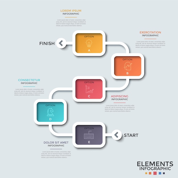 Flowchart. Five colorful rectangular elements with linear symbols inside connected by curved line, start and finish. Concept of map. Creative infographic design template.