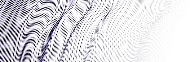 Flowing dots array of dynamic particles in motion, trendy modern style abstract vector background, science and technology future theme template for ads.