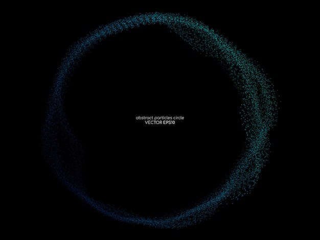 Flowing particles circle frame in blue and green on black background.