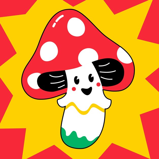 Fly agaric mushroom cartoon character in vintage comic style retro flat design vector illustration