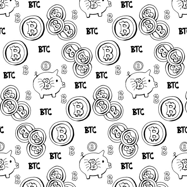 flying bitcoins seamless pattern. vector doodle background. cryptocurrency.