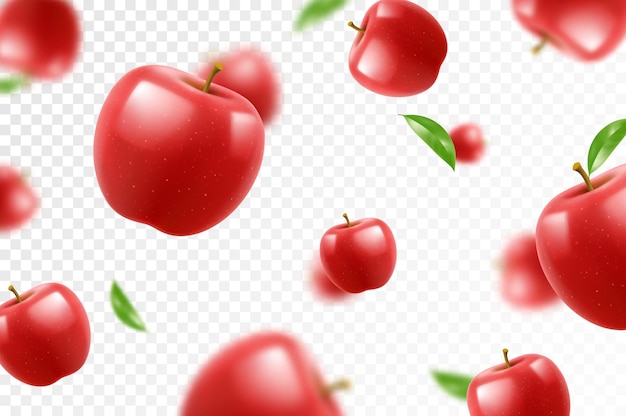 Flying red juicy apples Bright advertising background falling red apples realistic with
