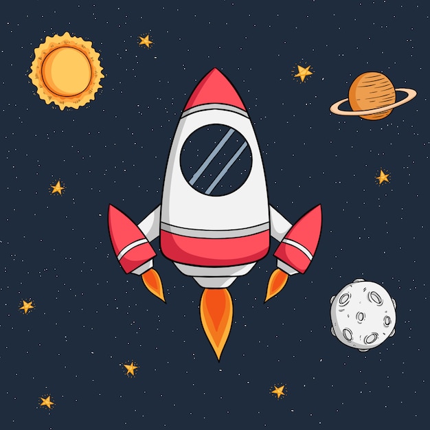 flying space rocket with planet and using colored doodle style