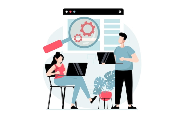 focus group concept with people scene in flat design woman and man conduct market research analyze buyers and create advertising to business vector illustration with character situation for web