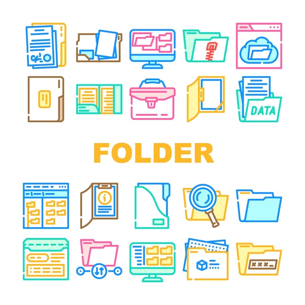 Folder document business file icons set vector office computer paper data archive information storage portfolio open web folder document business file color line illustrations