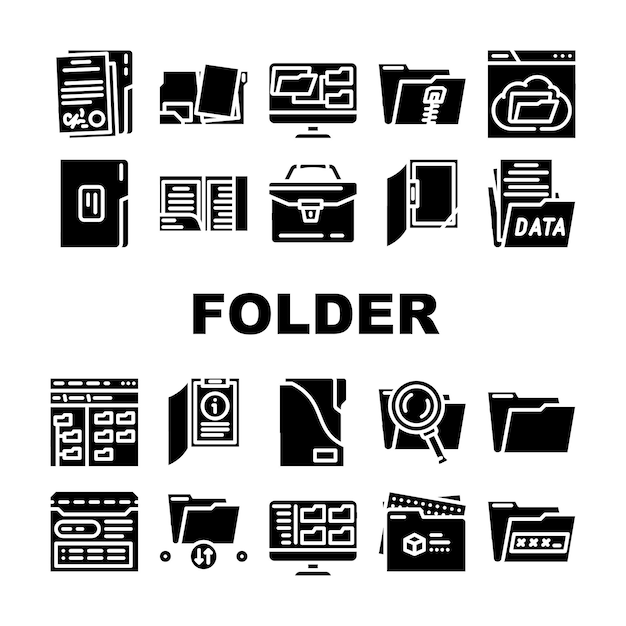 Folder document business file icons set vector office computer paper data archive information storage portfolio open web folder document business file glyph pictogram Illustrations
