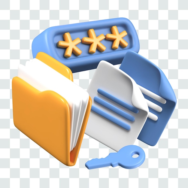 Folder with documents sheets key password Set of vector 3D elements for concepts
