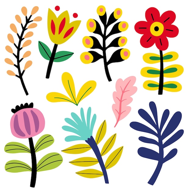 Folk art flowers set vector flat illustration isolated elements on white background