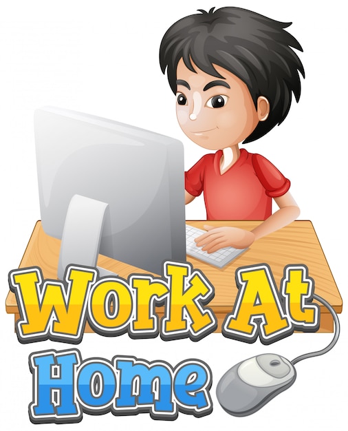 Font design for work from home with boy doing homework