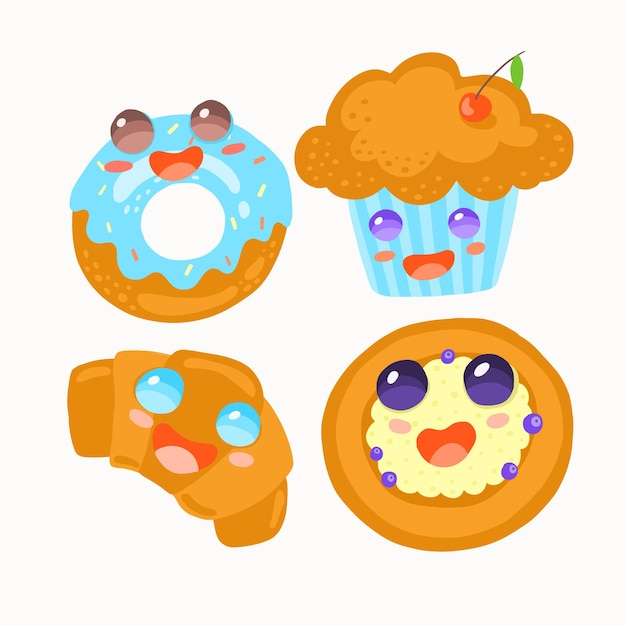 Food illustration set of cartoon baked cakes and muffins with funny faces and happy eyes
