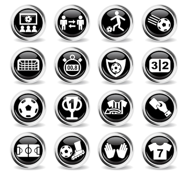 football icons on round black buttons with metal ring