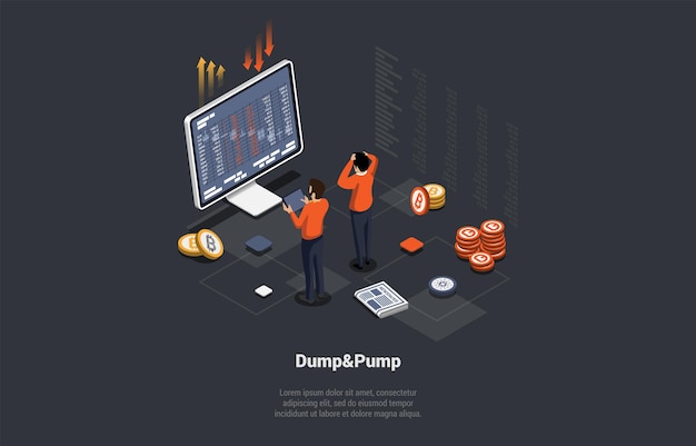 forex stock market practice of inflating stock prices to produce value dump and pump concept men crypto team with market maker increase market volatility isometric 3d cartoon vector illustration