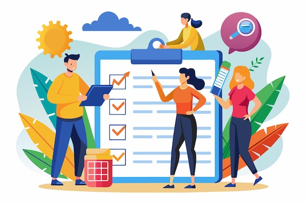 Four people collaborate on a checklist motivated and focused under the bright sun Their productivity is evident in the cheerful surroundings