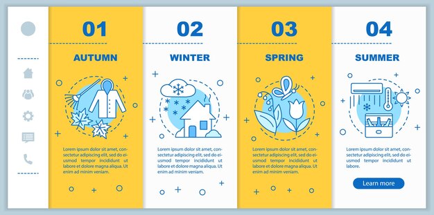 Four seasons onboarding mobile web pages vector template Responsive smartphone website interface idea with linear illustrations Summer autumn webpage walkthrough step screens Color concept