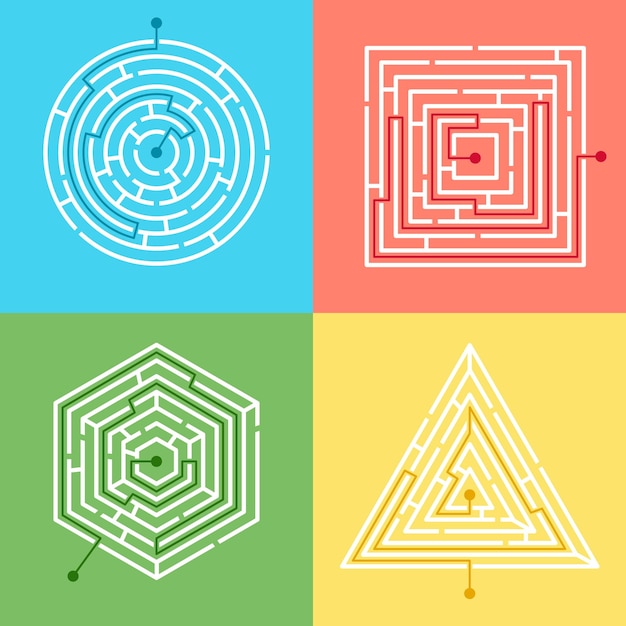 Four various mazes Simple logic game with labyrinths way Quiz finding exit path rebus
