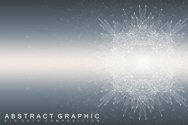Fractal element with connected lines and dots. Big data complex. Virtual background communication or particle compounds. Digital data visualization, minimal array. Lines plexus. Vector illustration.