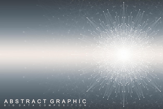 Fractal element with connected lines and dots. Big data complex. Virtual background communication or particle compounds. Digital data visualization, minimal array. Lines plexus. Vector illustration.