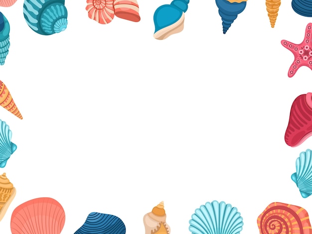 Frame of different shells in multicolored flat style on a white background Place for text summer