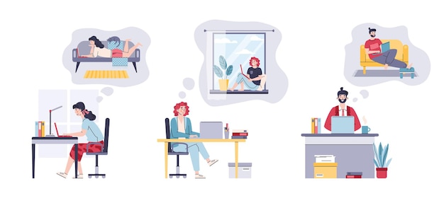 Freelance vs office workers set of people cartoon vector illustration isolated