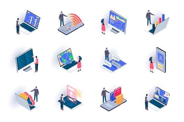 freelance work isometric icons set. outsourcing development and design, remote work flat illustration. online communication and distance teamwork 3d isometry pictograms with people characters.
