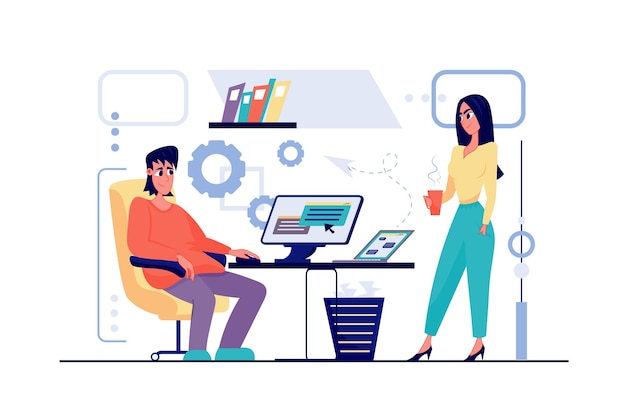 freelance working concept in flat cartoon design man and woman perform work tasks from home