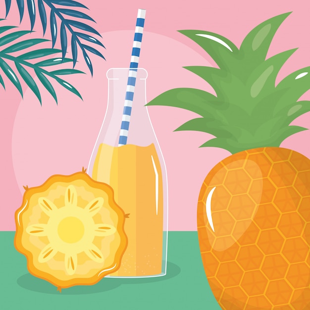 fresh pineapple juice fruit in botttle with straw in leafs palms