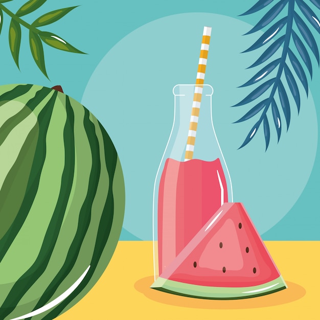 fresh watermelon juice fruit in botttle with straw in leafs palms