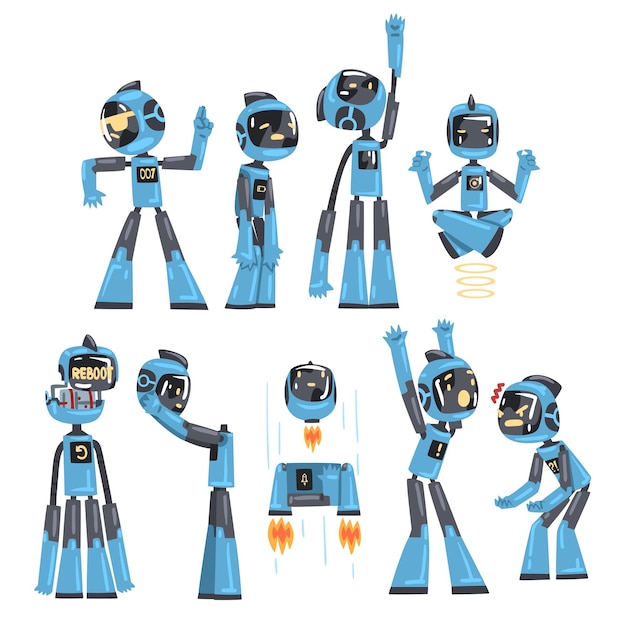 Friendly Robots Set Funny Robotics Character in Different Situations Artificial Intelligence Concept Cartoon Style Vector Illustration