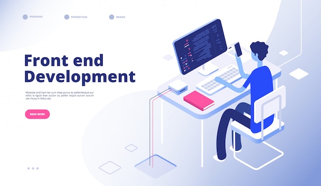 Front end development. Developer programmer person develop computer phone website interface dashboard futuristic landing  page