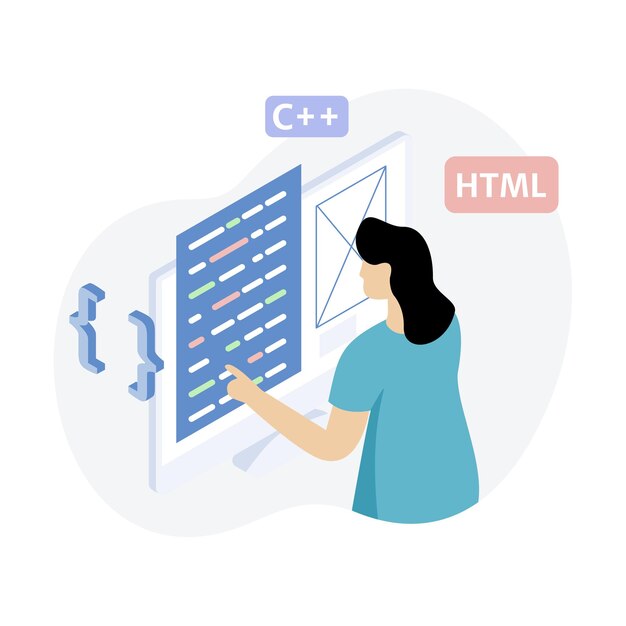Front End Web Development Illustrator working on HTML CSS code on a desktop Atmosphere is focused