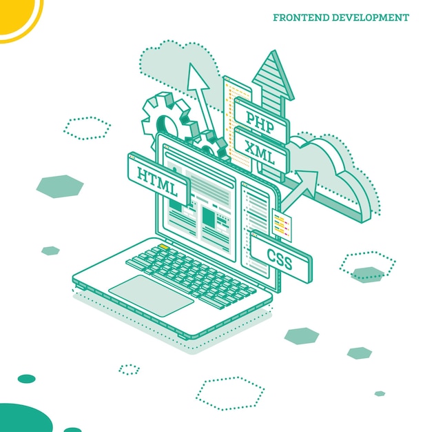 frontend development isometric concept with laptop isolated on white