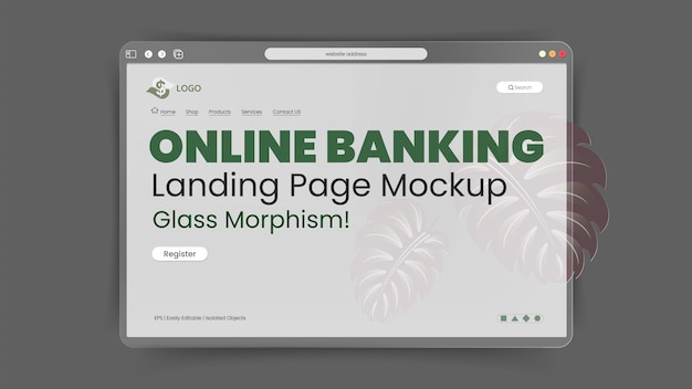 frosted glass morphism effect online banking landing page mockup vector 3d dim gray presentation